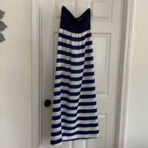 Navy and white striped maxi dress. Long. Strapless.